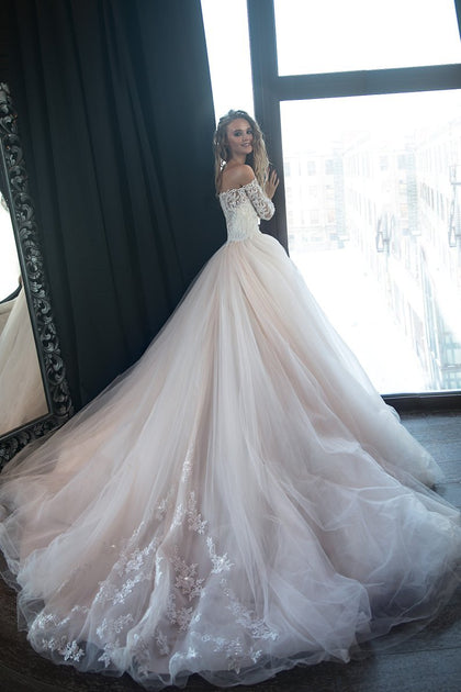 Lace Tulle Blush Pink Wedding Dresses with Off-the-shoulder Long Sleev ...