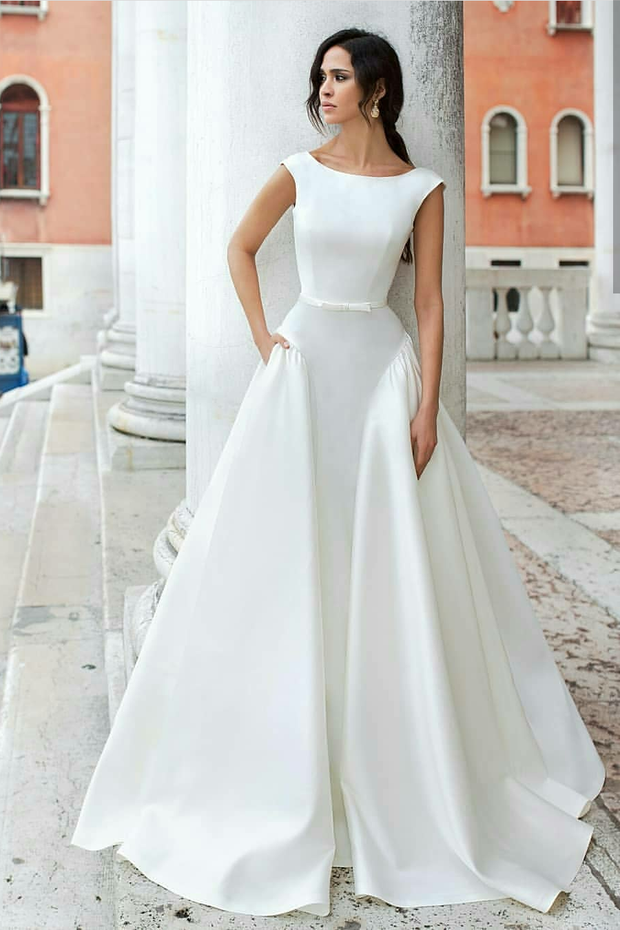 Simple Sophisticated Satin Wedding Dress with Pockets – NarsBridal
