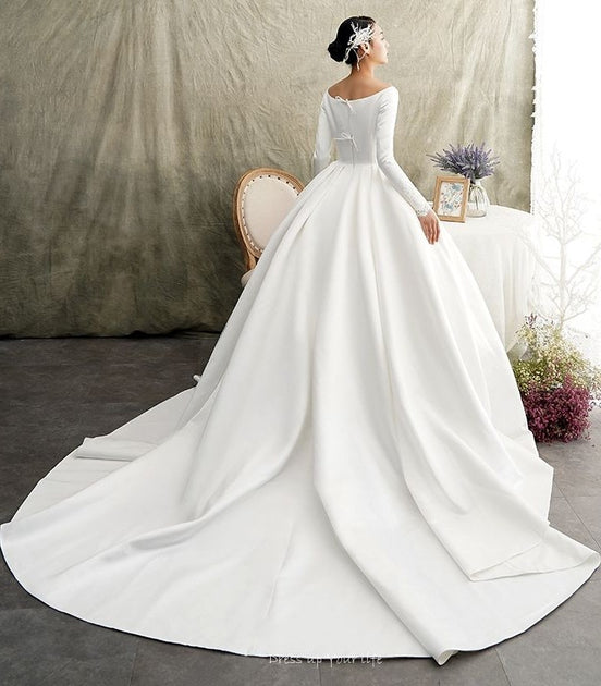 White Satin Ball Gown Full Sleeve Wedding Dress With Wide Neckline Narsbridal 1184