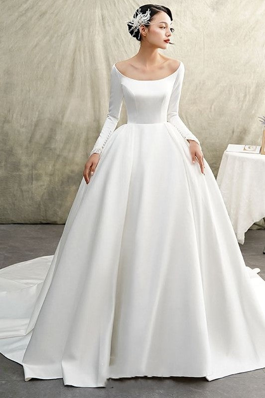 White Satin Ball Gown Full Sleeve Wedding Dress With Wide Neckline 620x ?v=1575438089