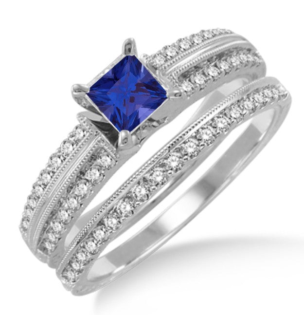1.5 Carat Sapphire and Moissanite Diamond Antique Bridal set Ring on 10k White Gold