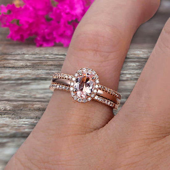 3Pcs 1.75 Carat 10k Rose Gold Morganite Engagement Ring Set Wedding Set  Promise Ring for Bride Oval Cut Gemstone Pink Morganite Anniversary Ring