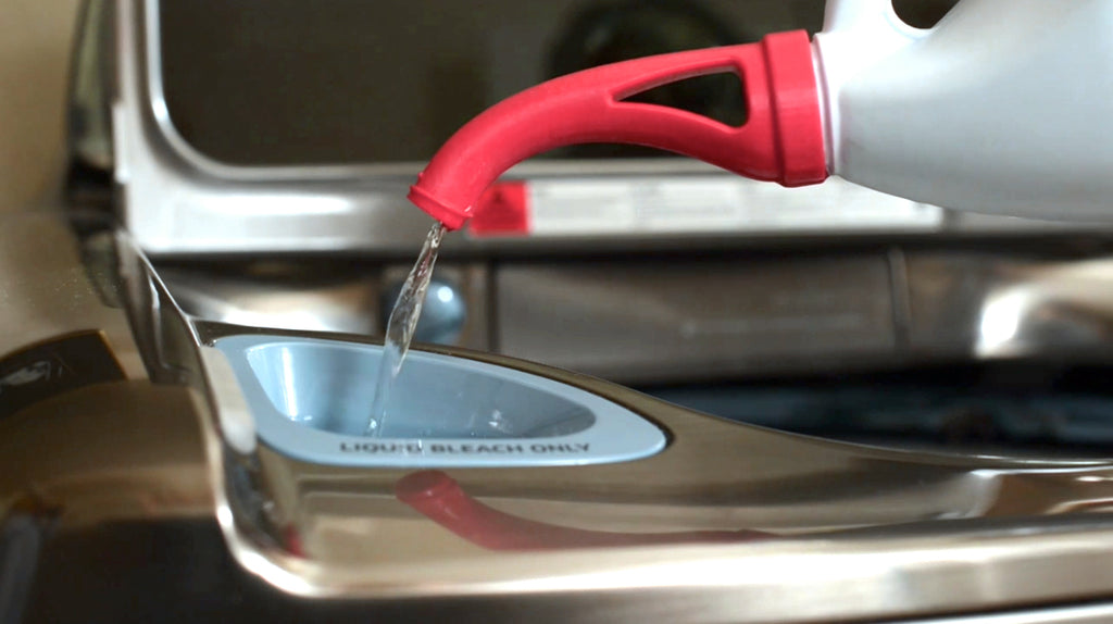 Bleach pouring spout makes it easy to pour bleach into the washing machine