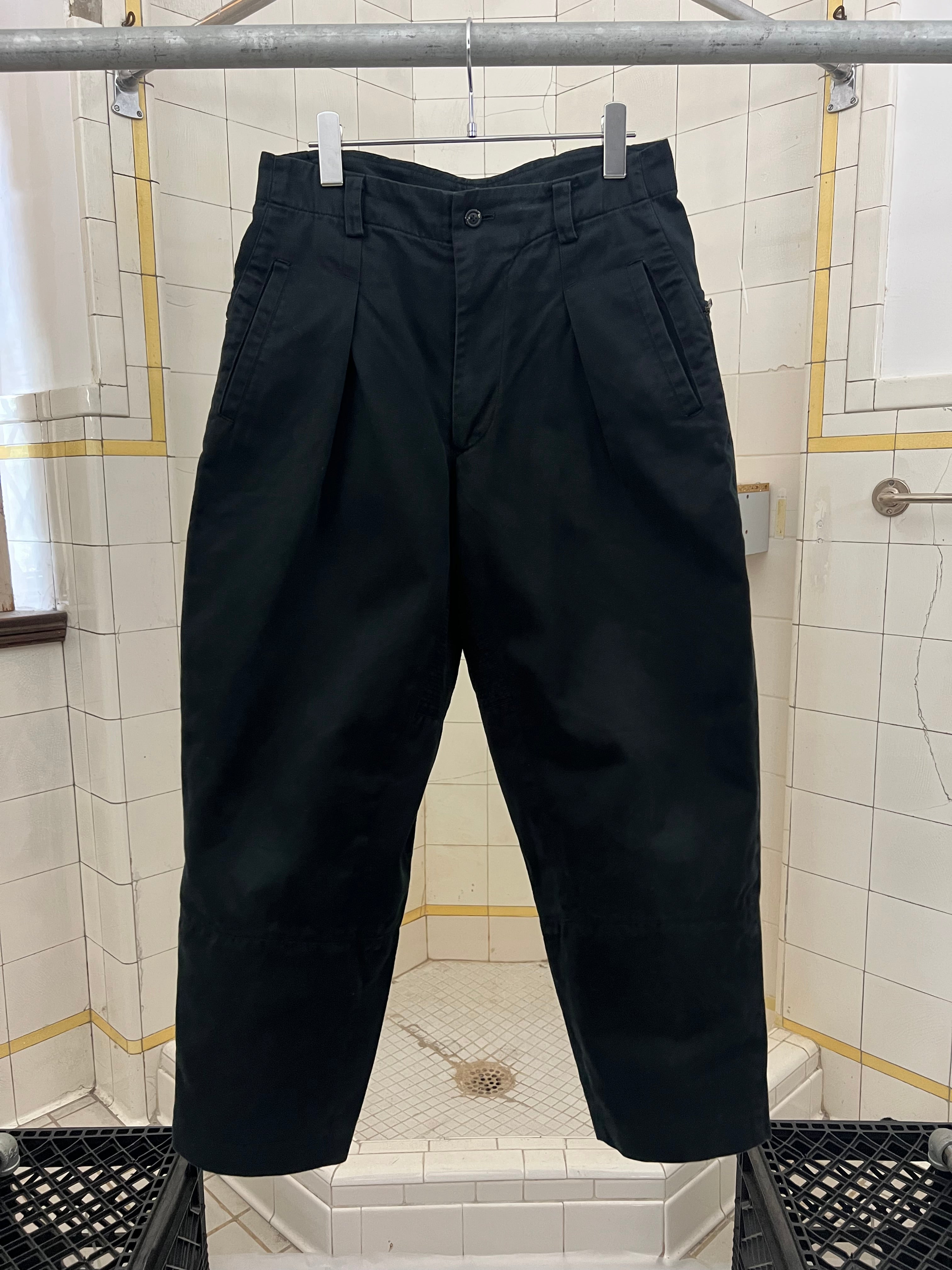 1980s Issey Miyake Black Cotton Twill Pleated Moto Trousers - Size S
