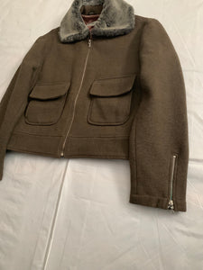 1990s Katharine Hamnett Cropped Dark Khaki Wool Jacket with Fur