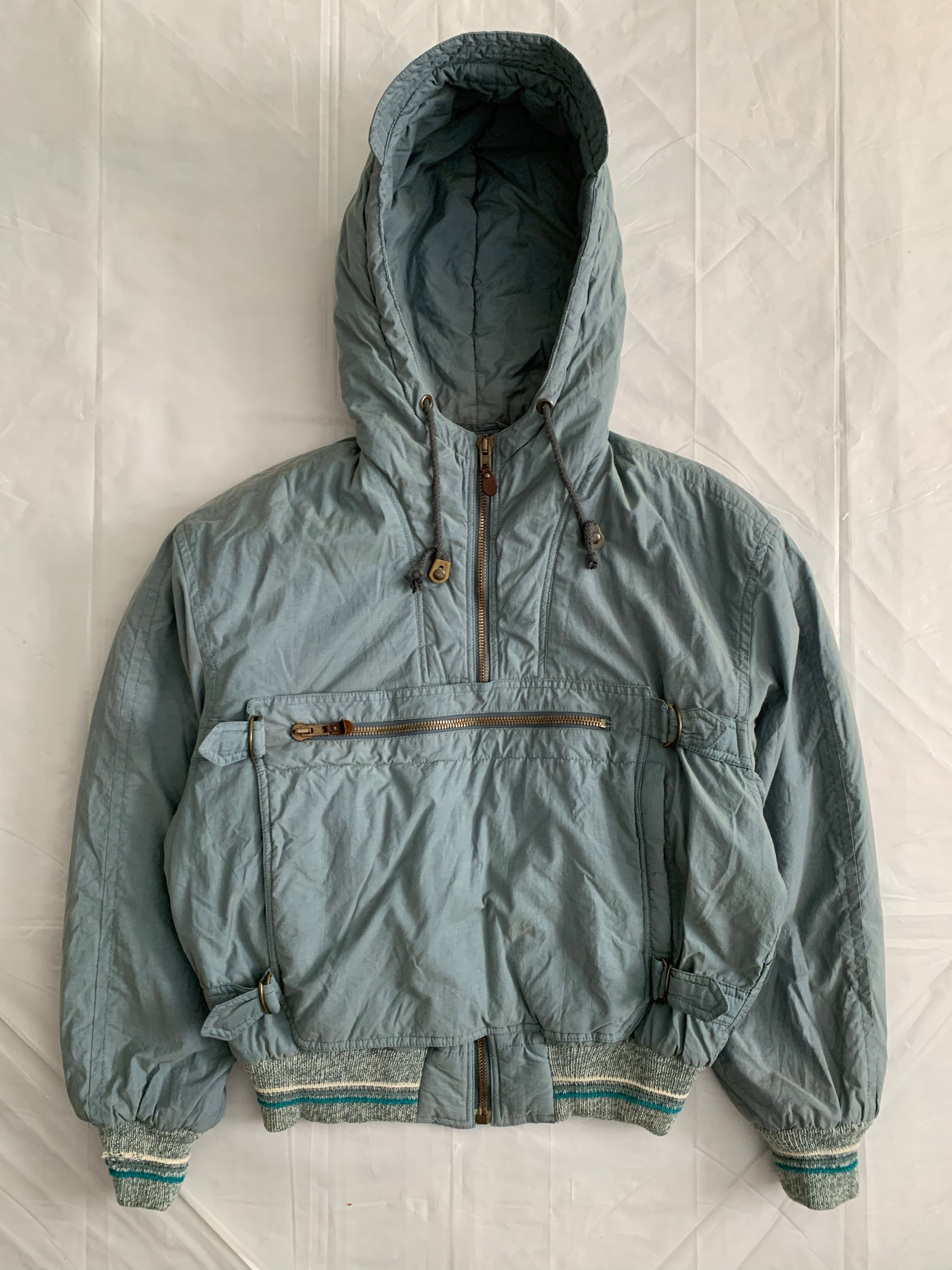 1990s Armani Faded Olive Hooded Bomber with Modular Kangaroo Pouch - Size L