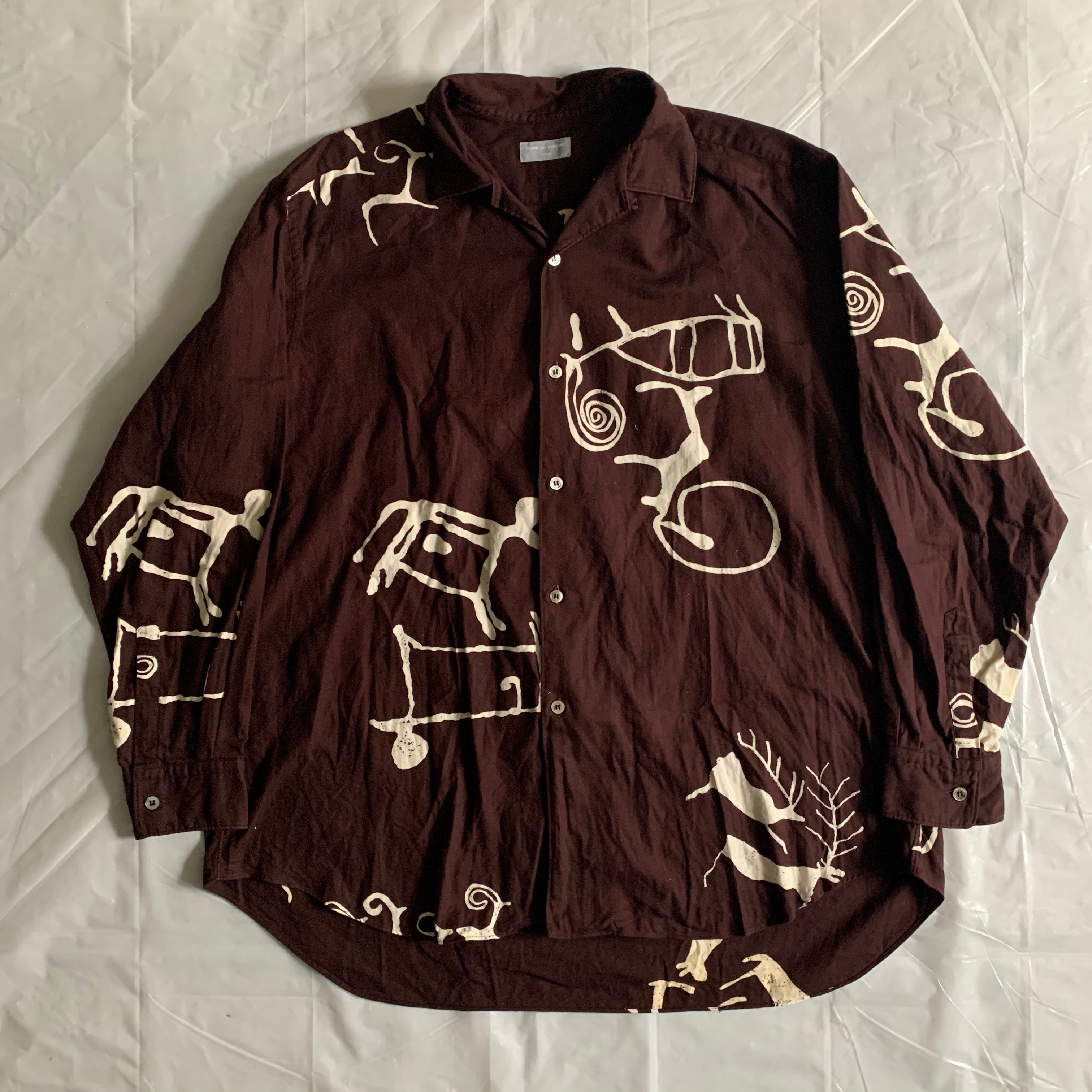 1990s CDGH Hand Dyed Tribal Characters Maroon Shirt - Size L