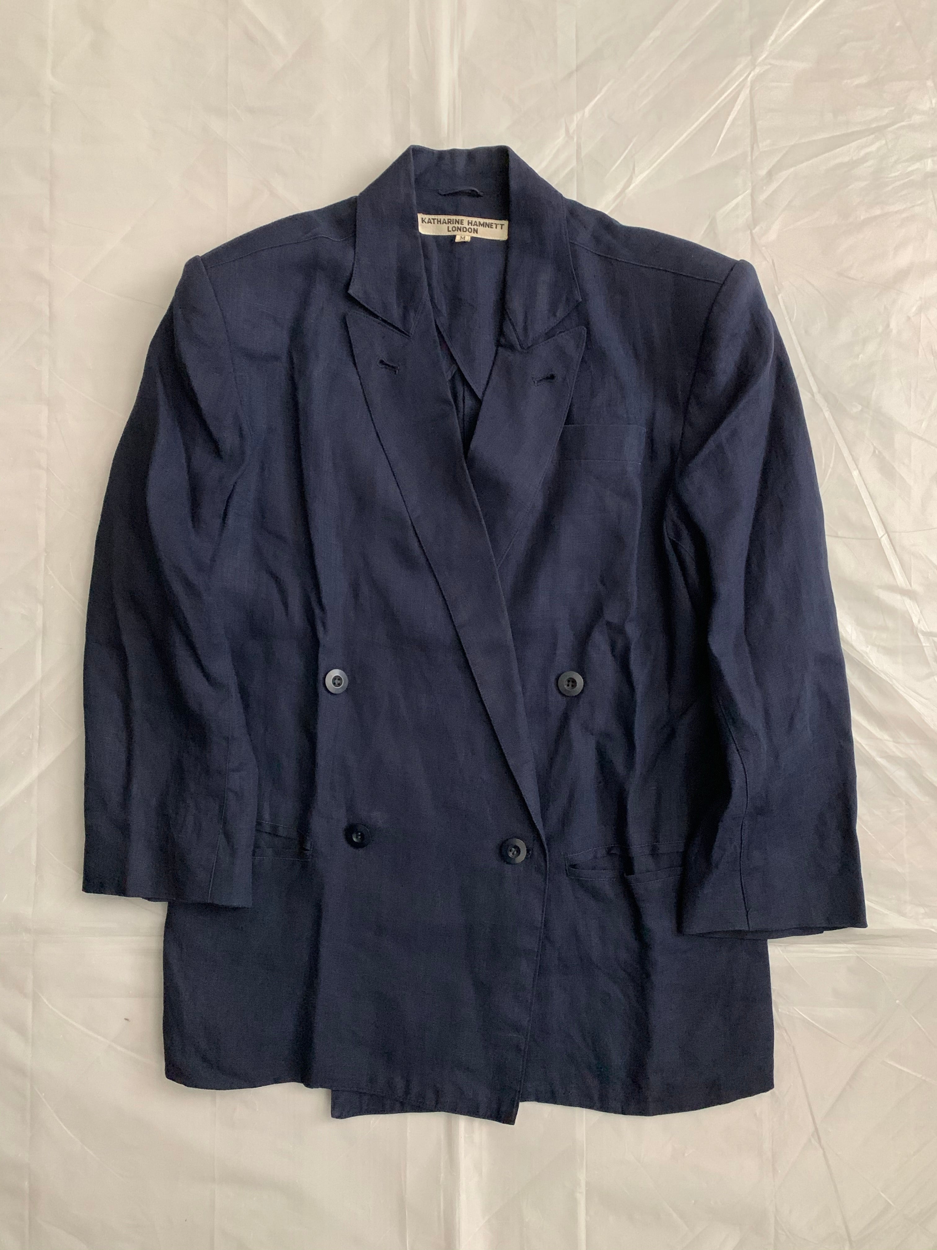 1980s Katharine Hamnett Navy Linen Double Breasted Blazer - Size M