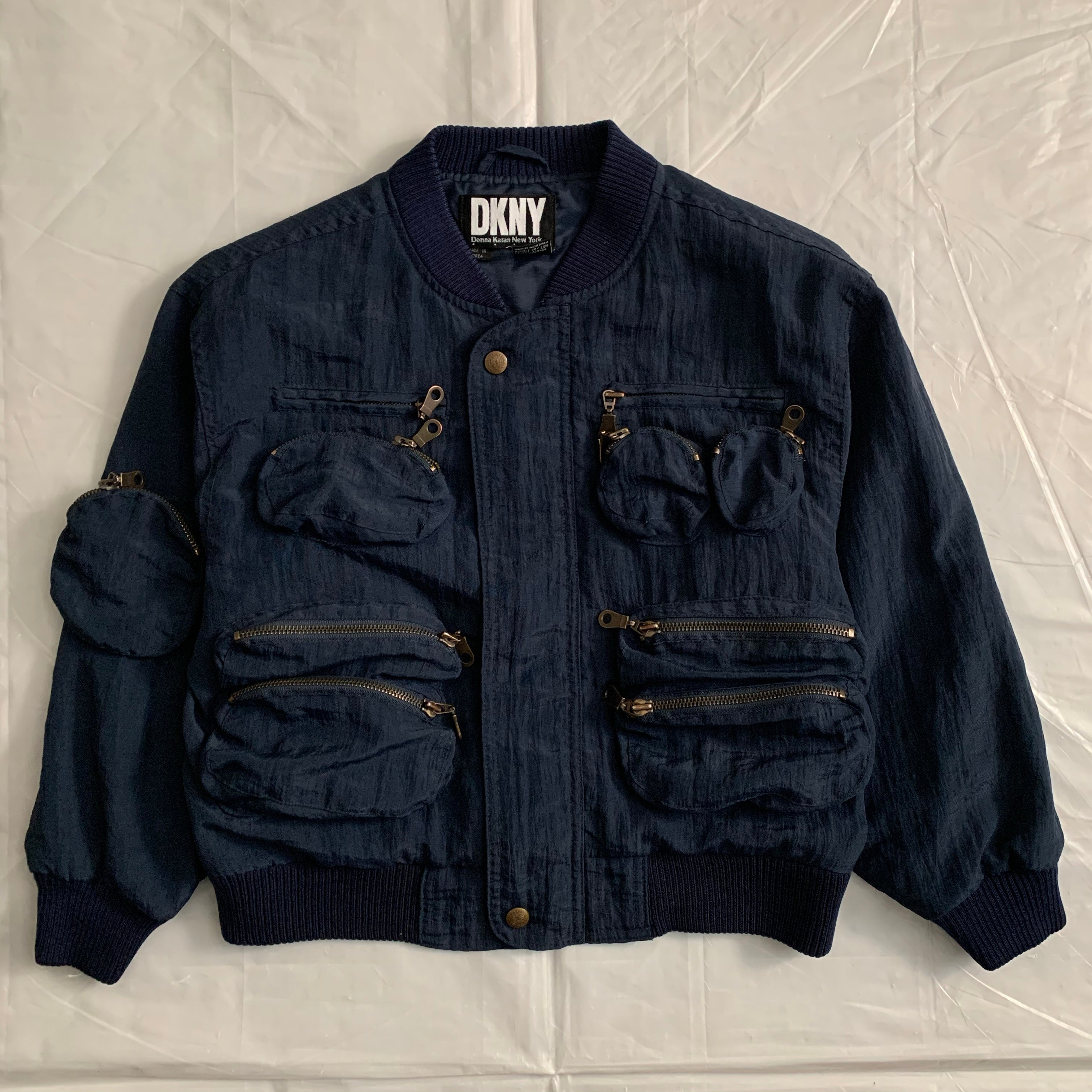 1990s Vintage DKNY Textured Nylon Cargo Bomber Jacket - Size S