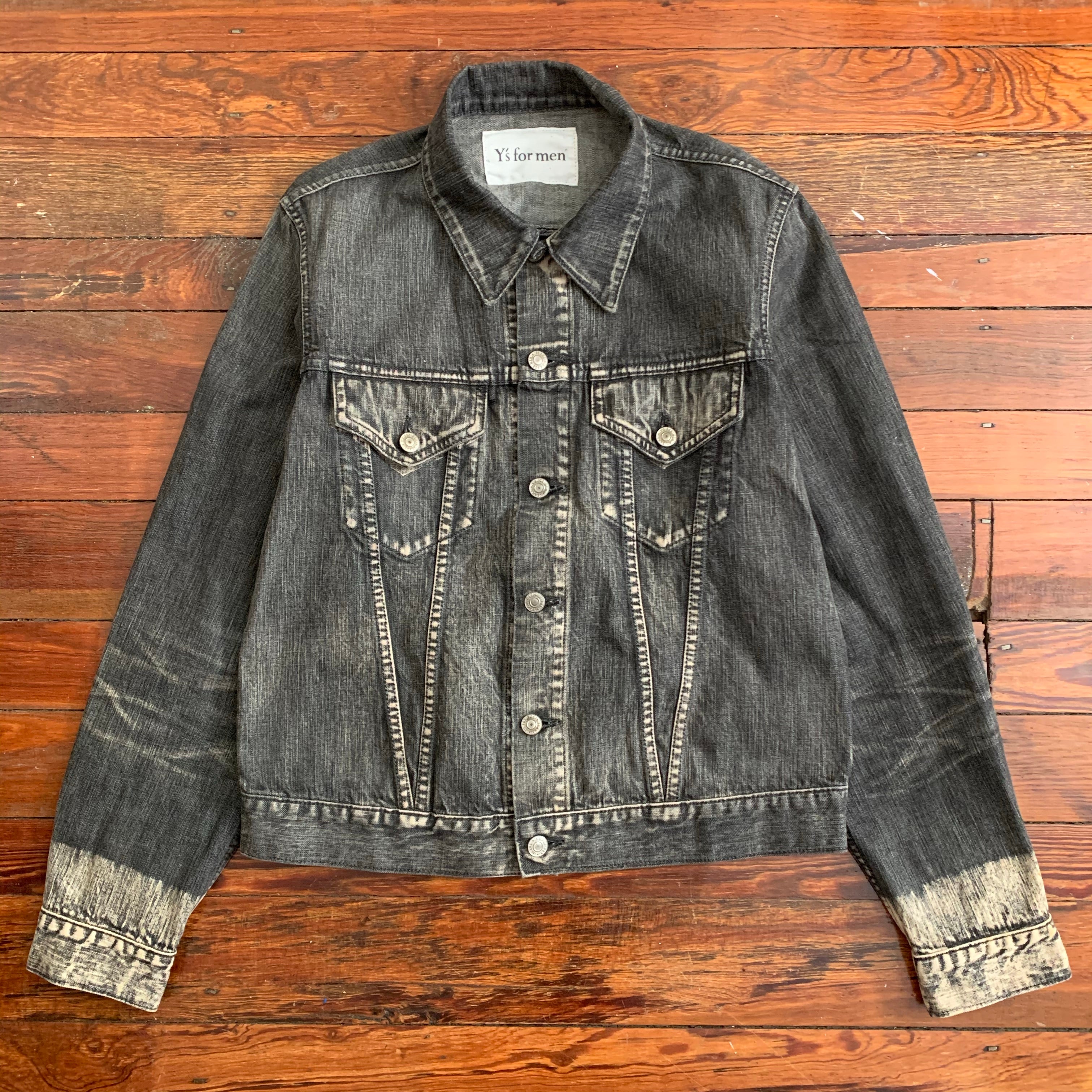 2000s Yohji Yamamoto Faded Denim Trucker Jacket with Bleach Dipped Sleeve Hems - Size M