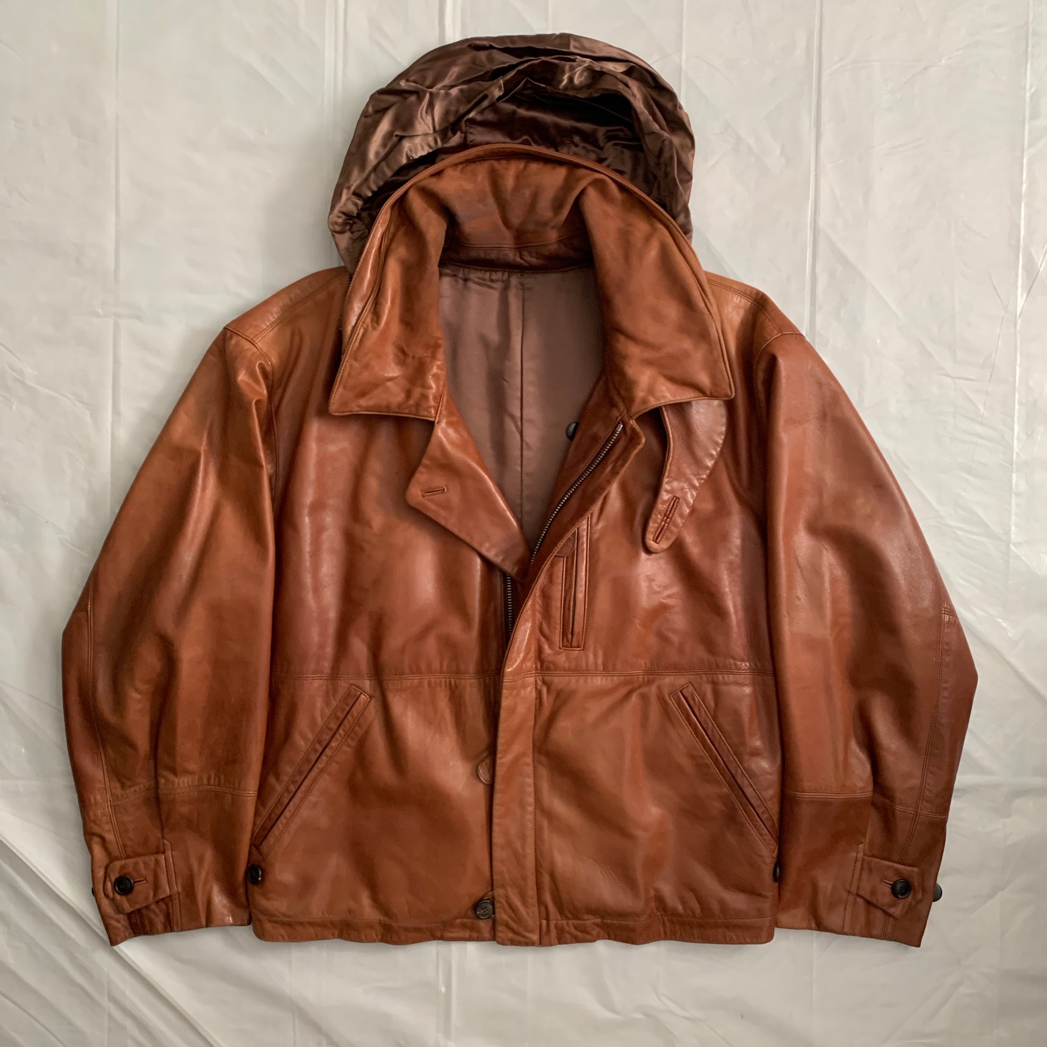 aw1992 Issey Miyake Leather Pillow Neck Flight Jacket with Packable Hood -  Size XL
