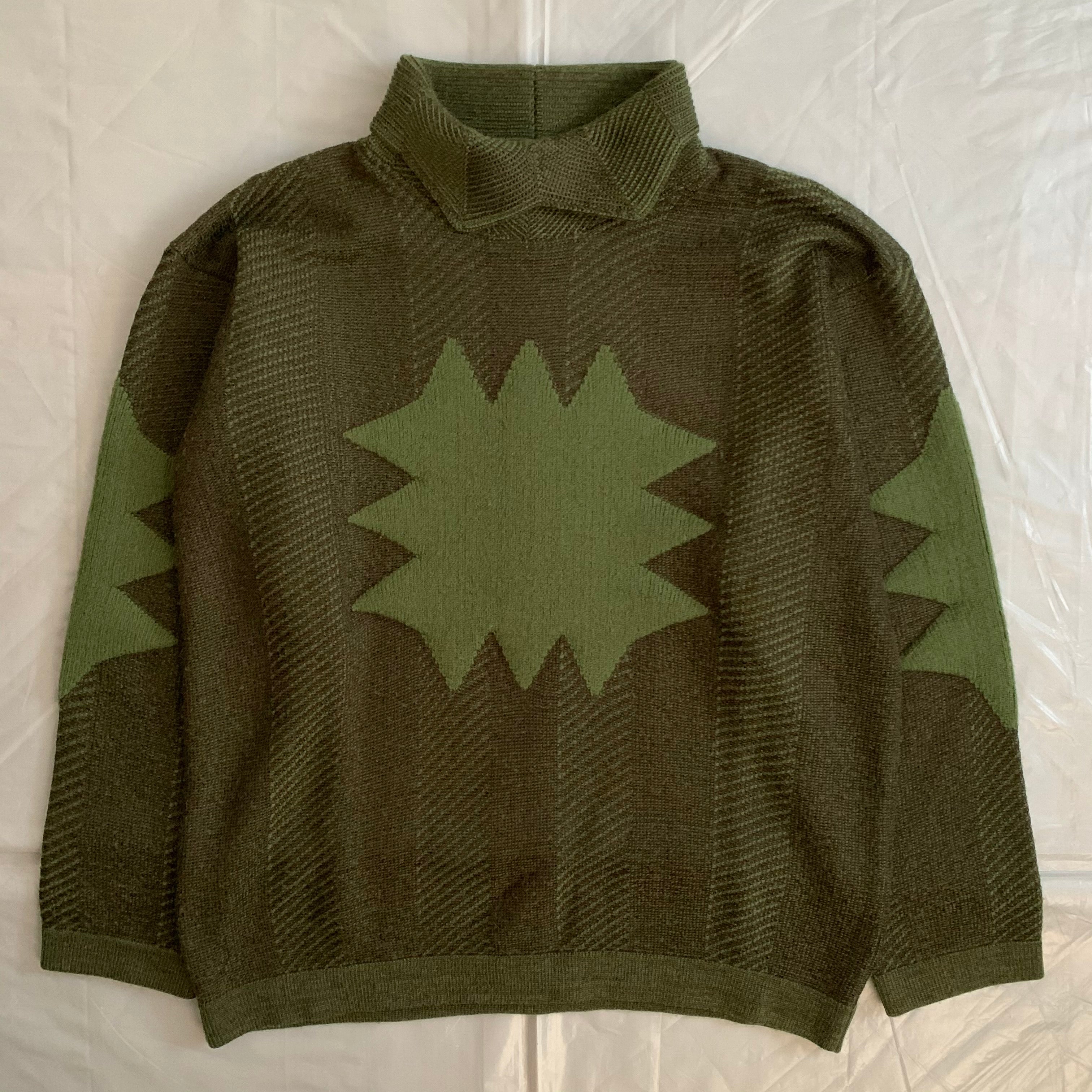 1980s Issey Miyake Green Wool Turtleneck Sweater with Embossed Graphic - Size L