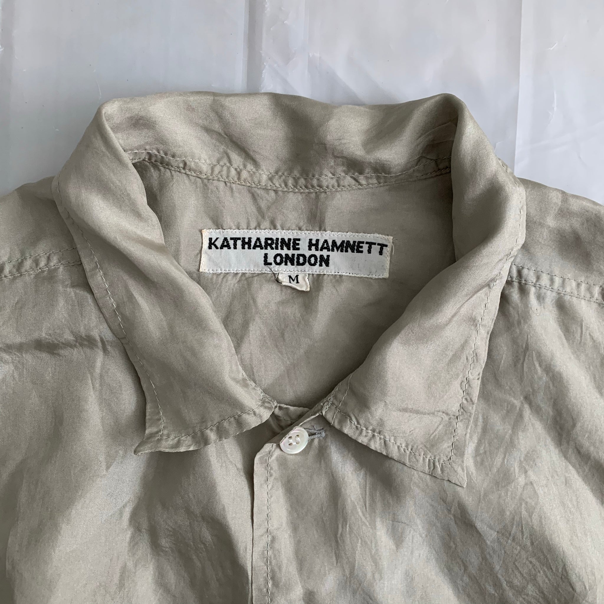 1990s Katharine Hamnett Beige Silk Pocket Short Sleeve Shirt