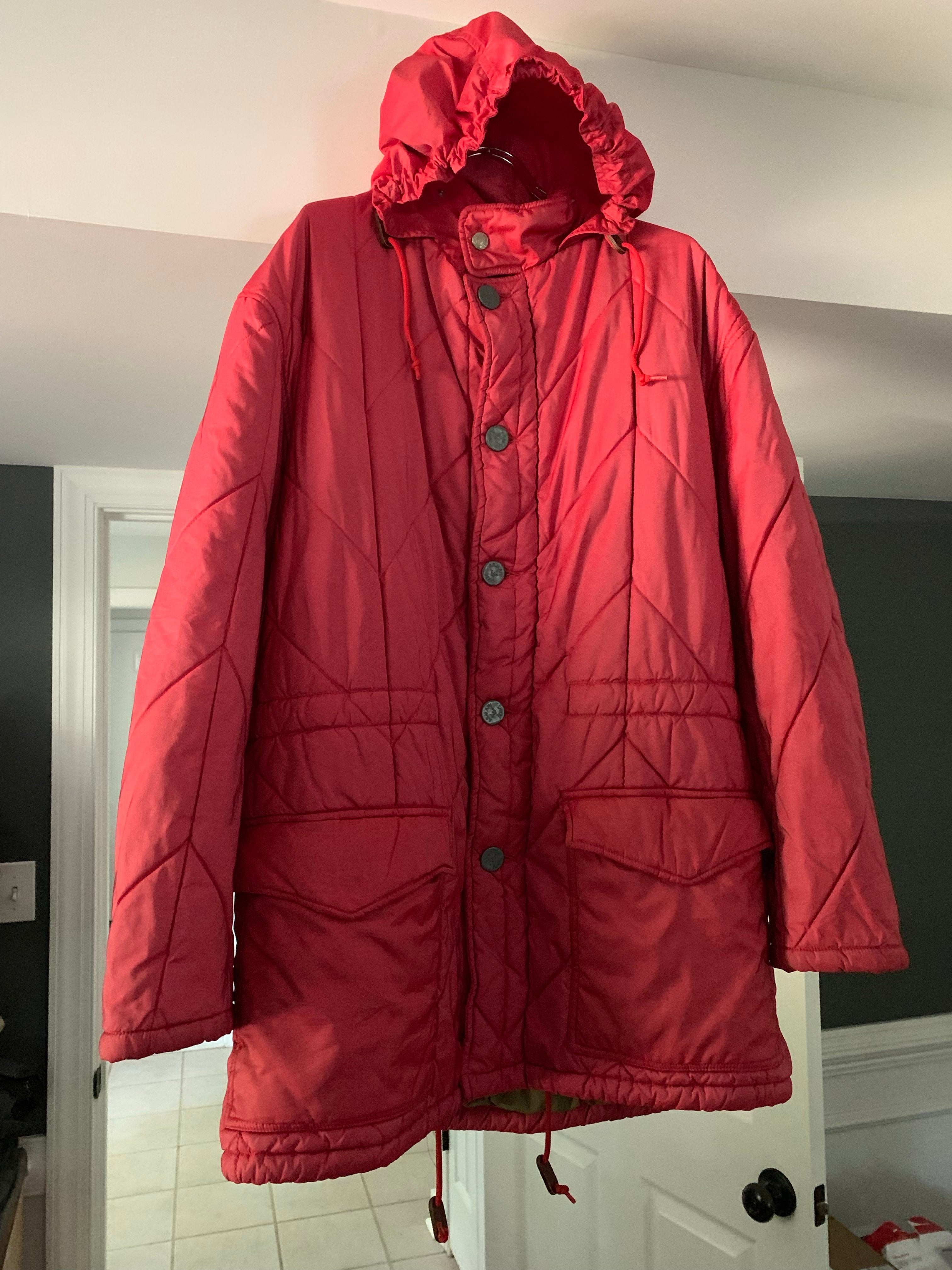 1990s Armani Textured Iridescent Red Nylon Military Parka with Roll Hood - Size XL