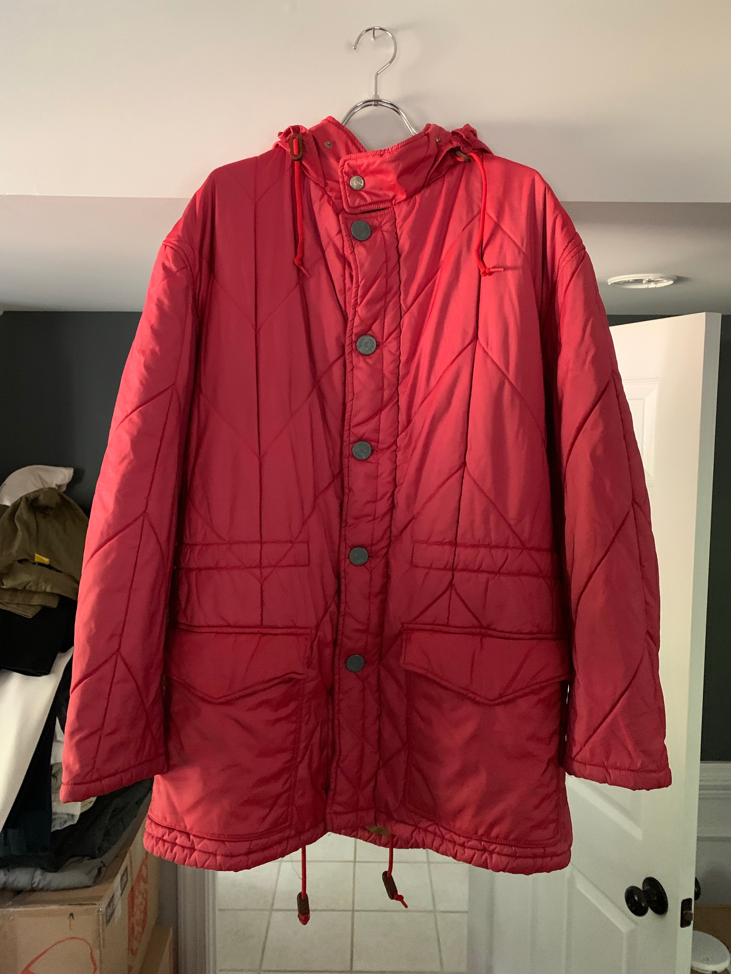 1990s Armani Textured Iridescent Red Nylon Military Parka with Roll Hood - Size XL