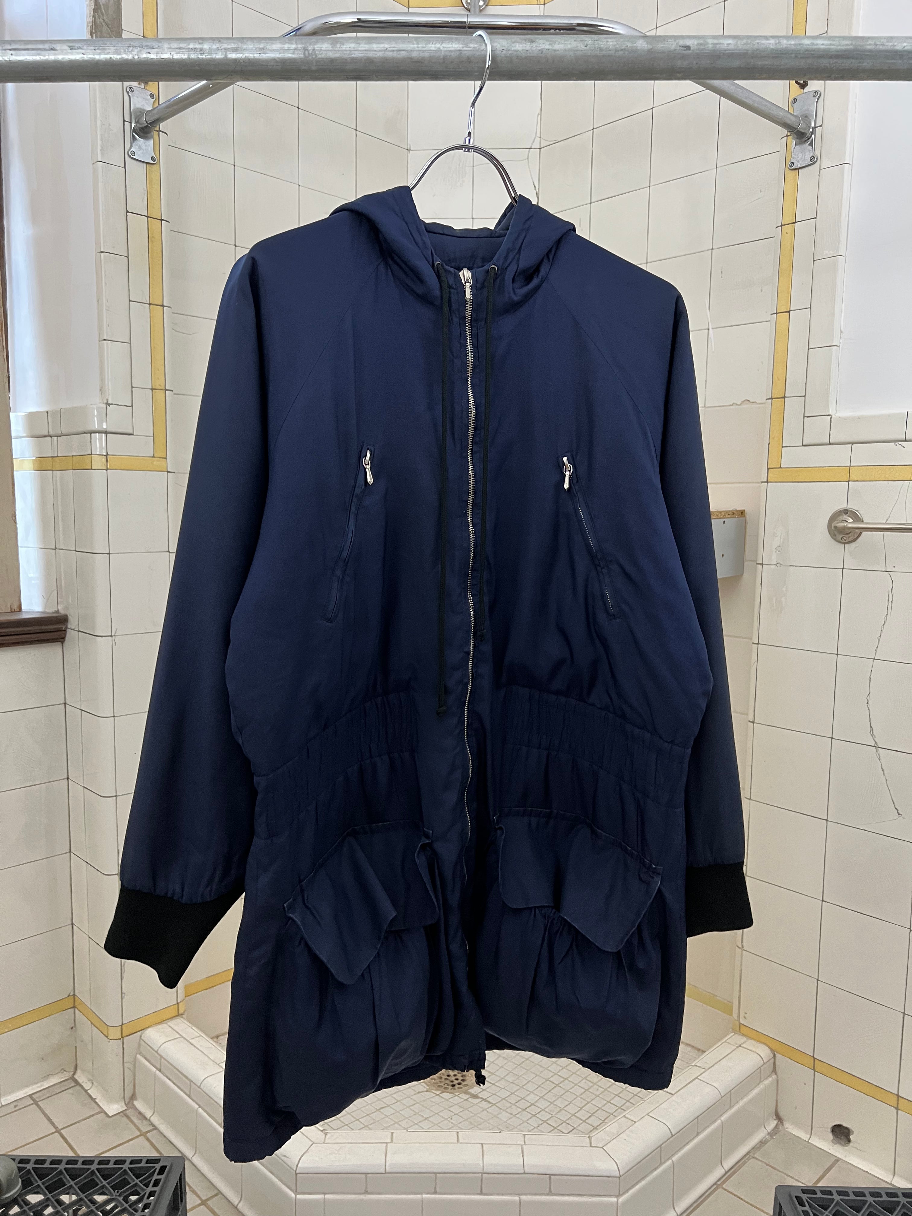 1990s Katharine Hamnett Navy Silk Hooded Parka with Articulated Ribbed Cuffs - Size M