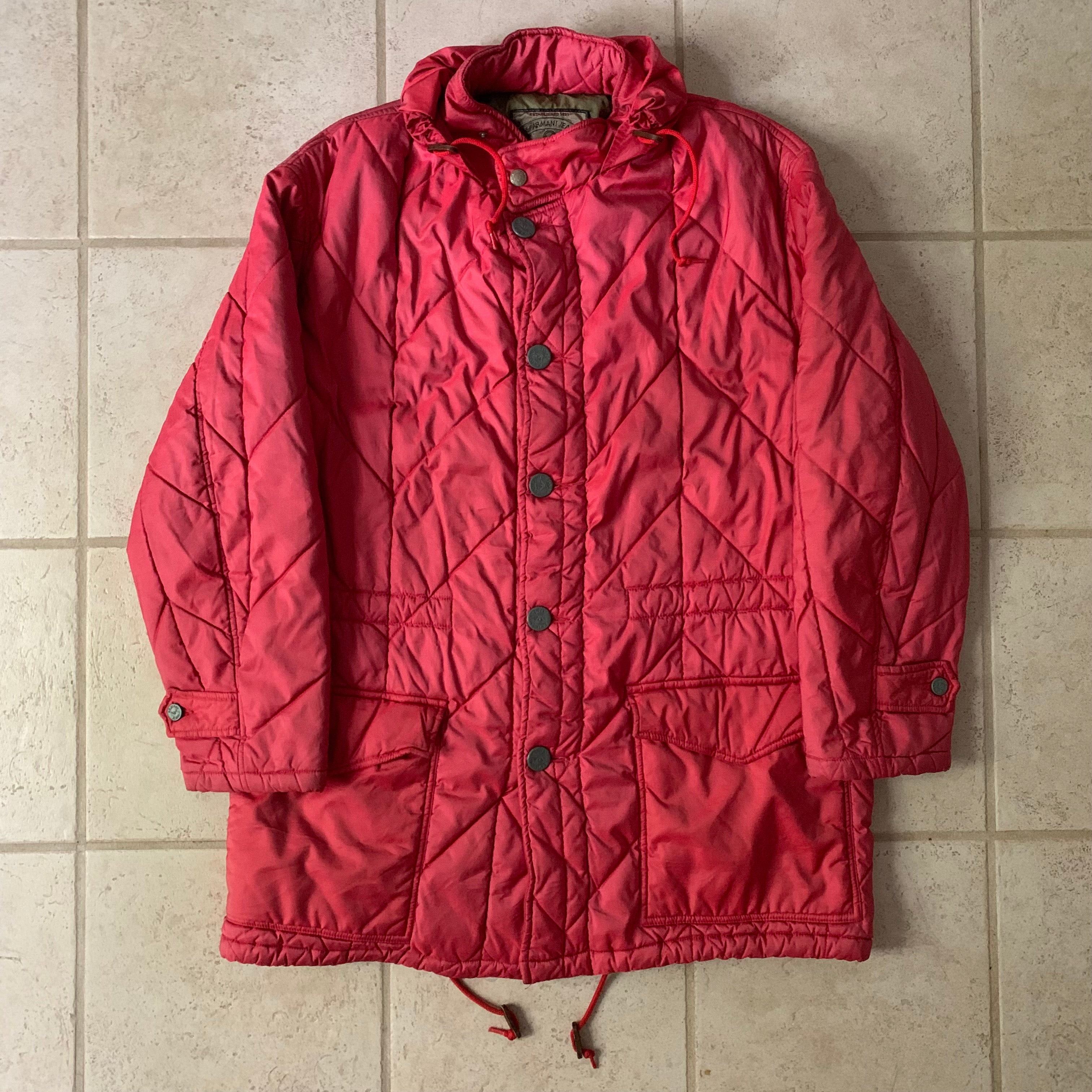 1990s Armani Textured Iridescent Red Nylon Military Parka with Roll Hood - Size XL