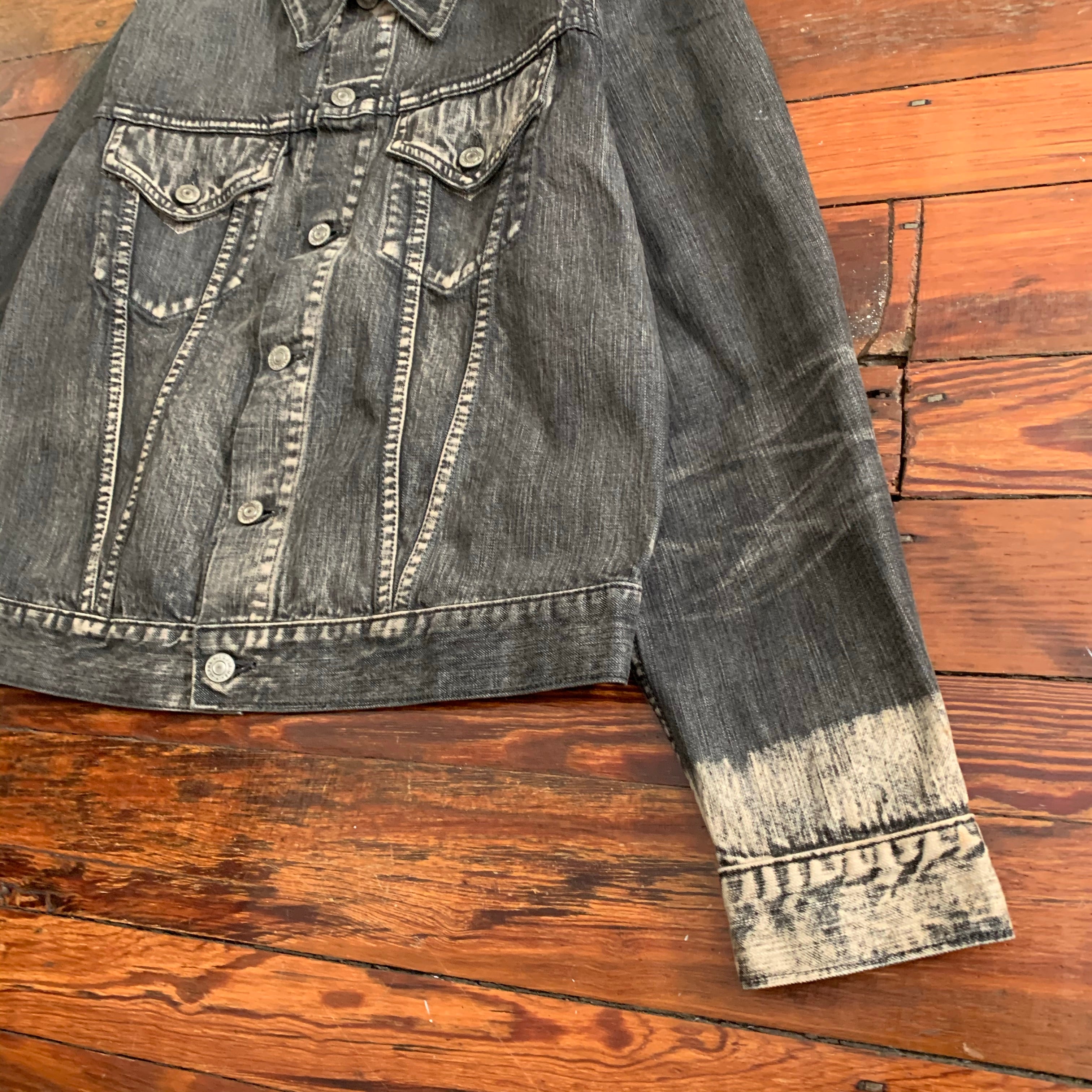 2000s Yohji Yamamoto Faded Denim Trucker Jacket with Bleach Dipped Sleeve Hems - Size M