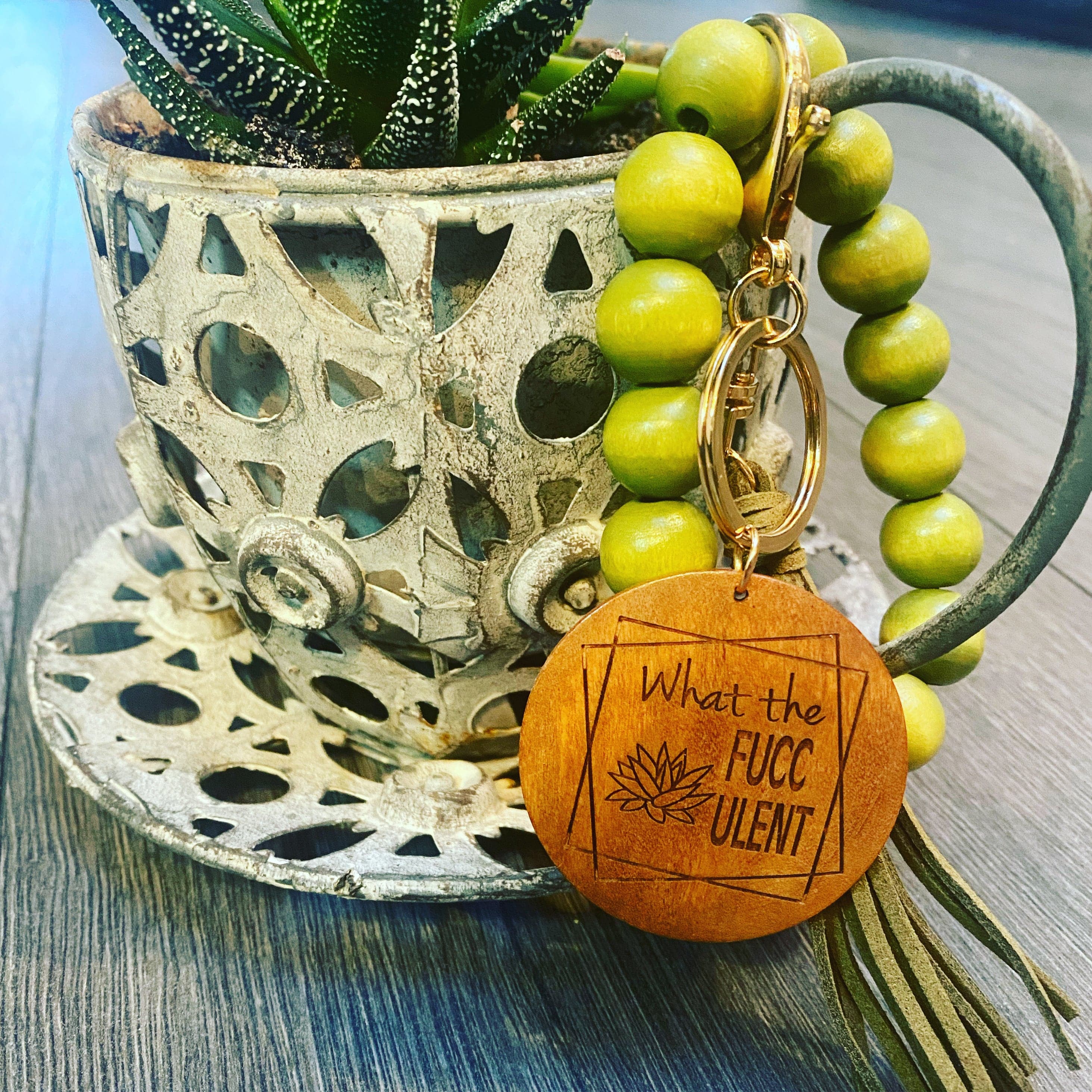 What the Fucculent WOODEN Wristlet Keychain. Stretchy Wooden Bangle Wristlet with Engraved Succulent Pendant. Bangle Key Ring. Gift for Her.