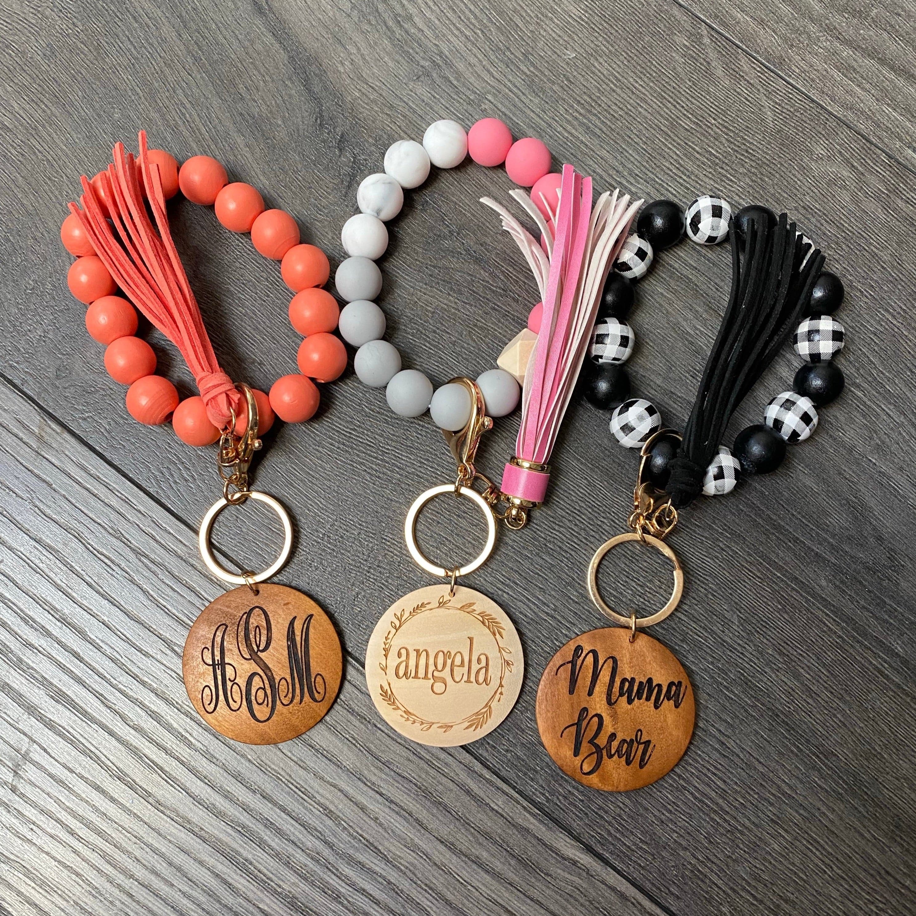 Personalized Name SILICONE Wristlet Keychain. Bridesmaids Initial Stretchy Bangle Wristlet with Engraved Pendant. Mama Bear Bangle Key Ring.