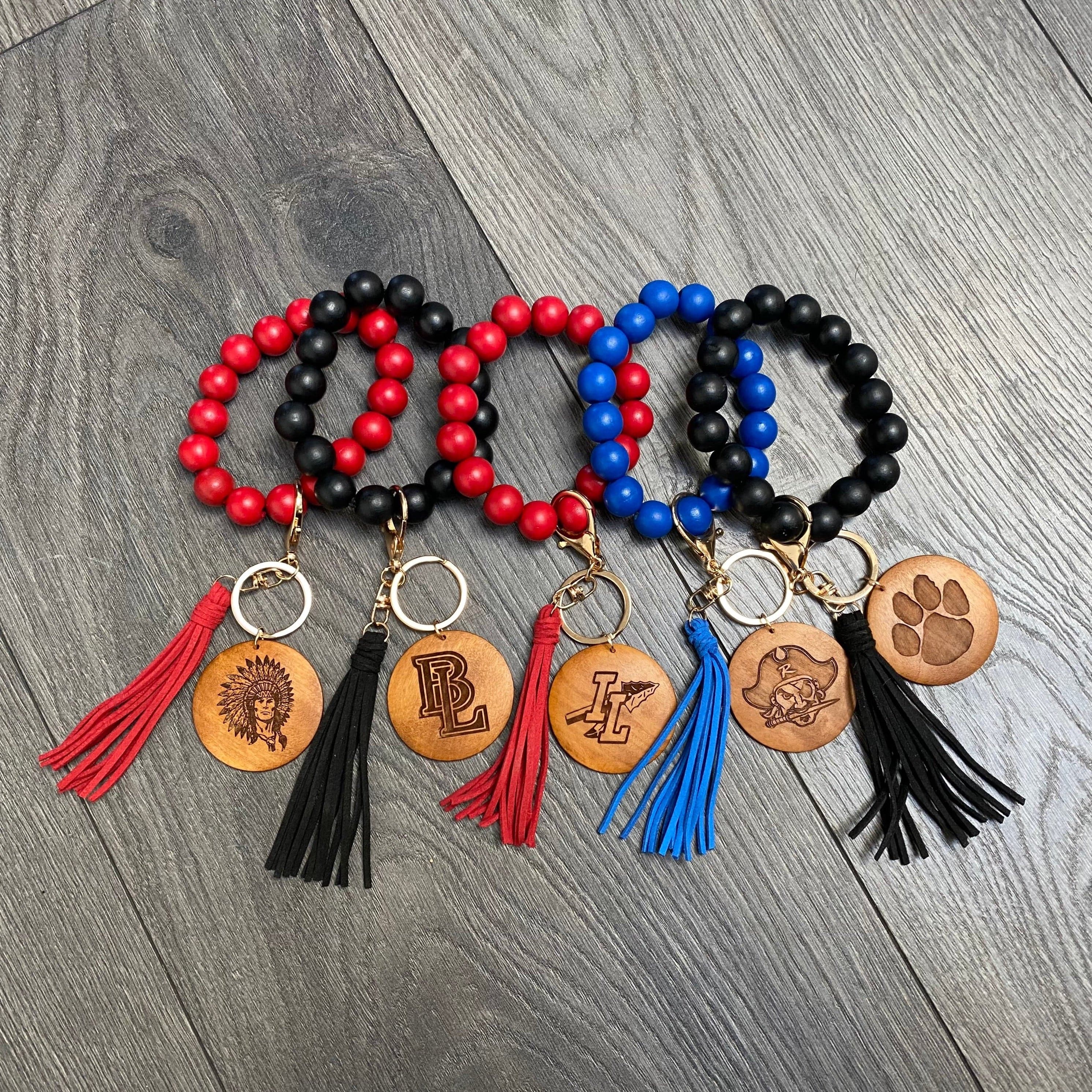 Logan County Ohio Schools WOODEN Wristlet Keychain. Stretchy Bangle Wristlet with Engraved Pendant. Bangle Key Ring. Gift for Her.