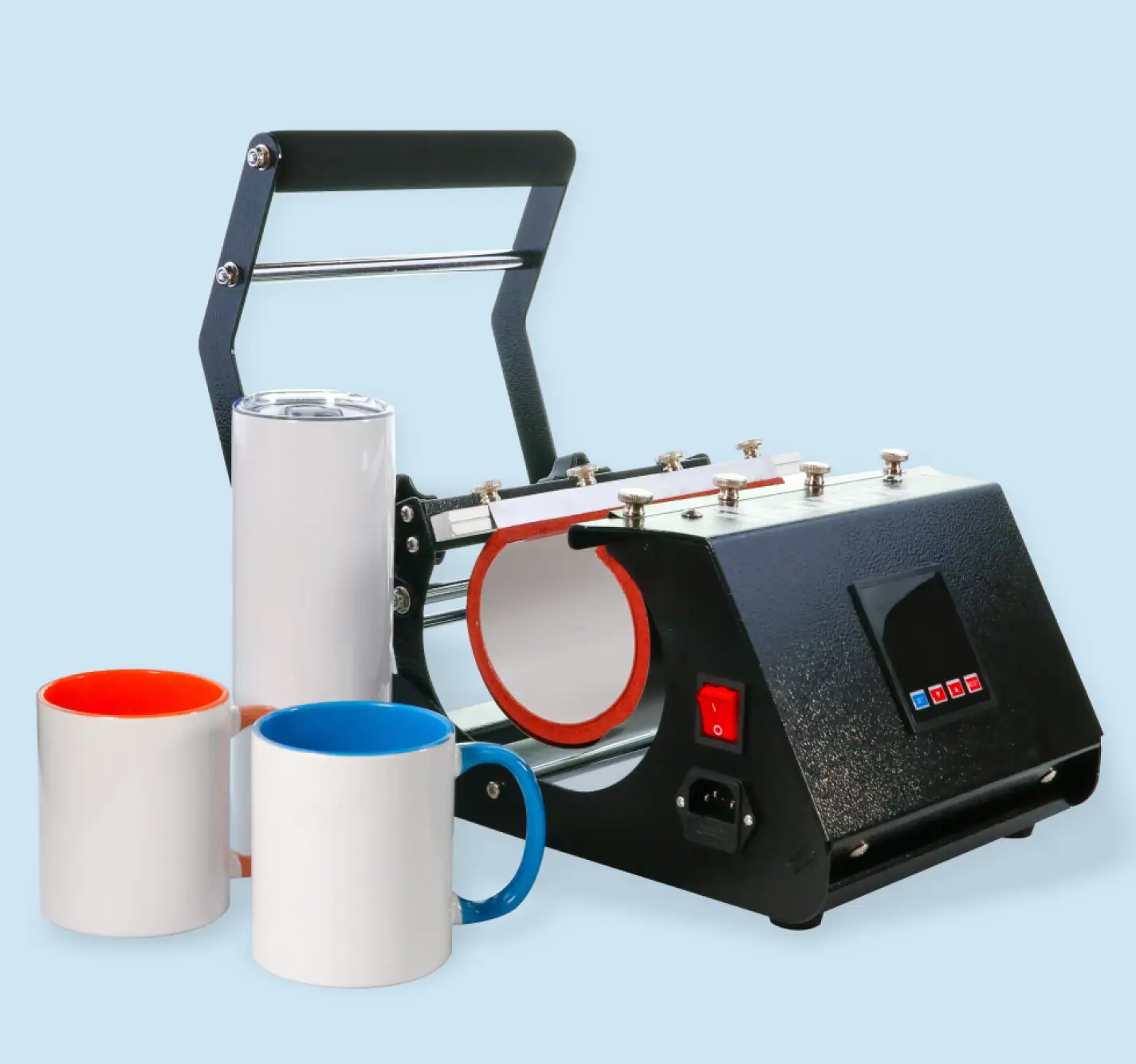 iKonix mug heat press can be used with 11 oz, 15 oz, and 16 oz mugs
