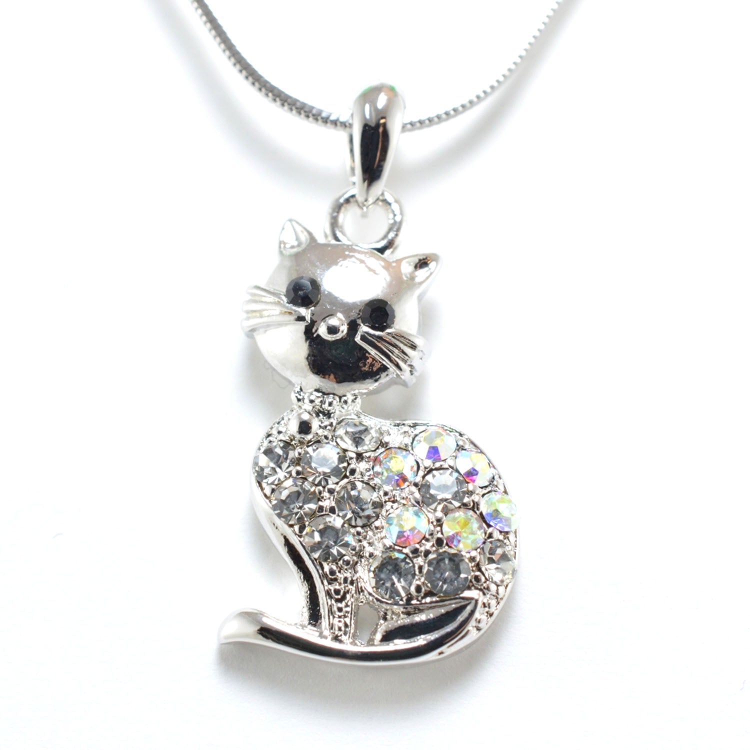 Image of Empire Cove Kitty Cat Pendant Necklace Silver Toned Rhinestone Fashion Jewelry