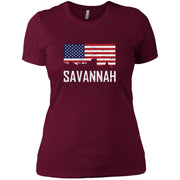 Savannah Georgia Skyline American Flag Distressed Women T-Shirt