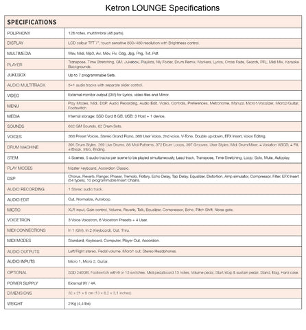 Ketron LOUNGE Specifications