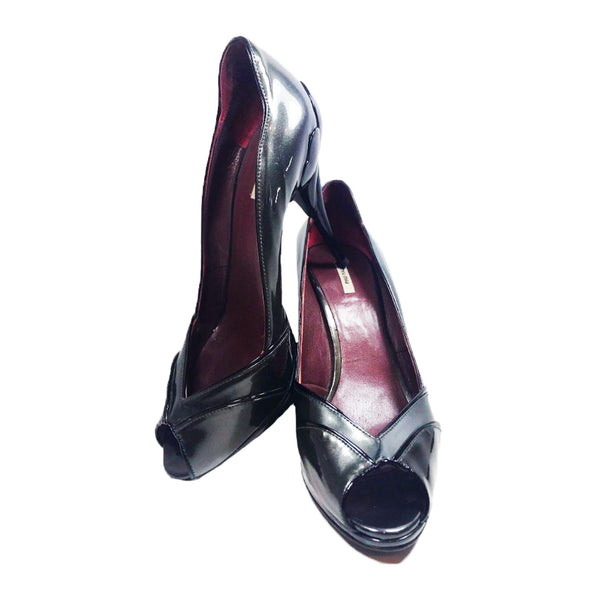 black patent leather peep toe heels