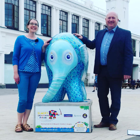 BBC Weather Paul Mooney and artist Joanne Wishart with elephant on the Great North Elmer Parade outside the Whitley Bay Dome