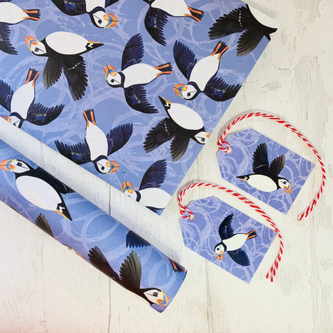  Puffin Gift wrapping paper and matching labels by Joanne Wishart 