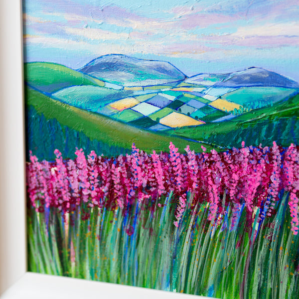 A section of a painting featuring a pink swathe of heather on the Simonside Hills