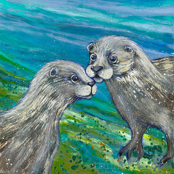 A painting of sea otters standing by fast flowing water.