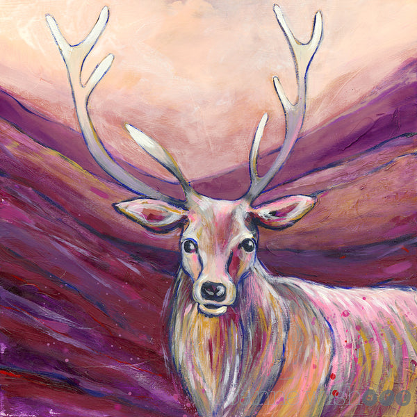 A painting in purple and red hues of a stag in the Scottish highlands.
