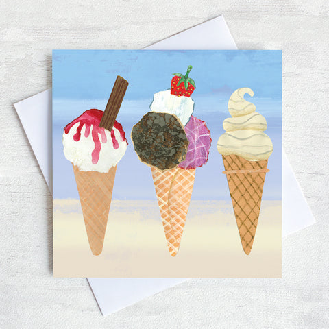 A greetings card featuring 3 delicious ice creams. one with a chocolate flake. One with a strawberry on top and one plain Mr Whippy swirl.  