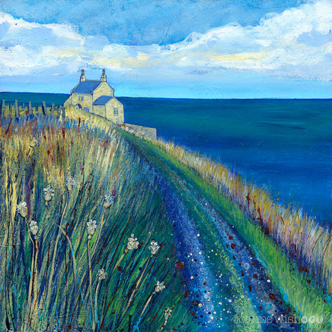 A print of Howick bathing house a traditional stone built cottage with tall chimney stacks at the end of a curved path. The house looks out to a teal green sea.