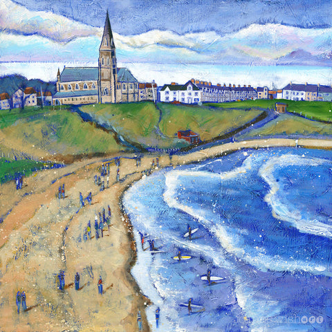 A painted view of Tynemouth Longsands featuring St Georges church in the distance and surfers surfing on the beach.   