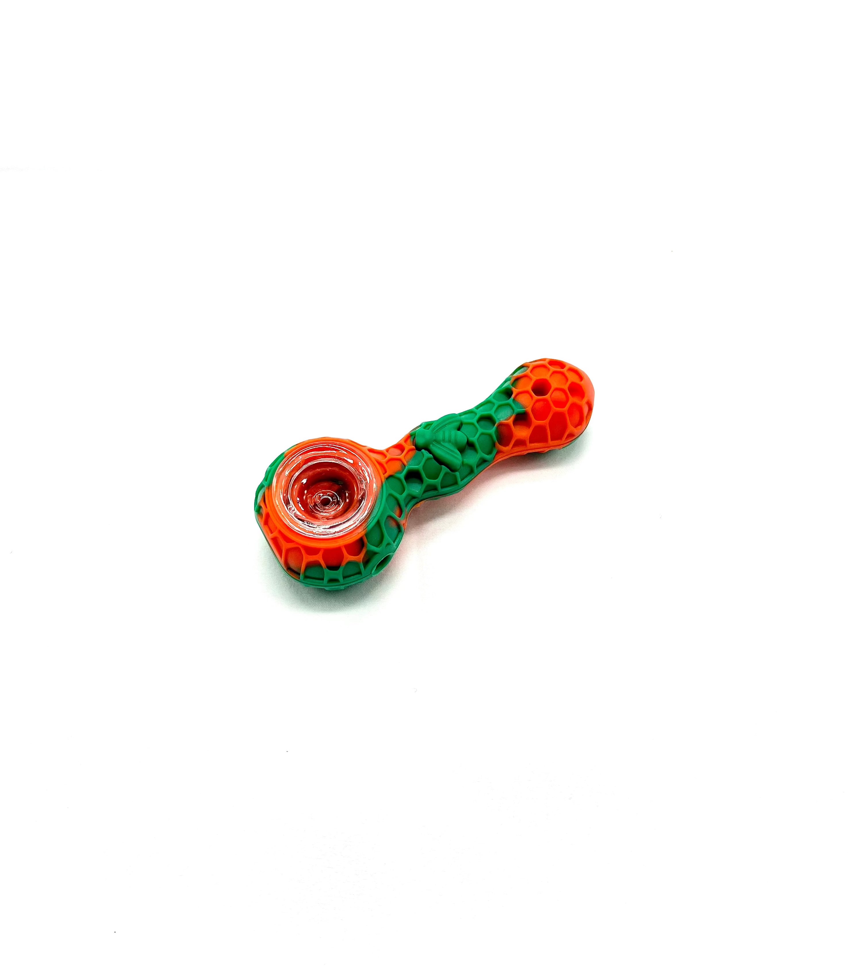 Silicone Pipe 4.3" With GLASS BOWL and Clean Tool-HoneyComb Bee (Orange/Green)