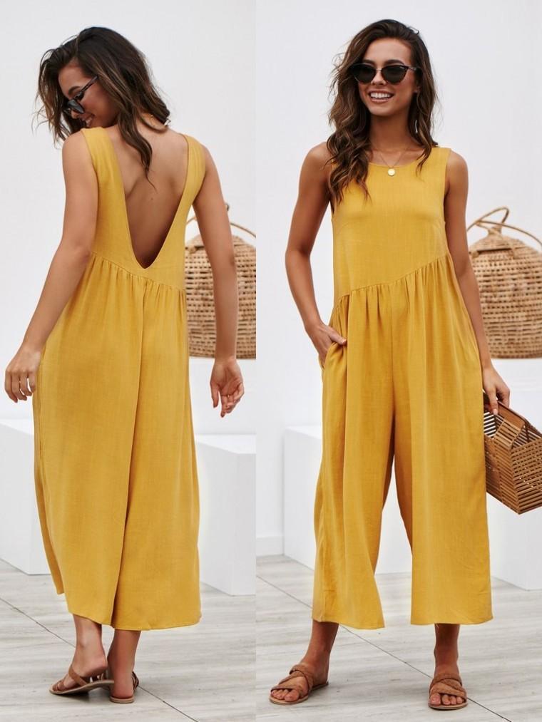 Solid Color Open Back Casual Jumpsuits – colintime