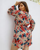 Lace up V Neck Long Sleeve Floral Print Rompers XL-4XL