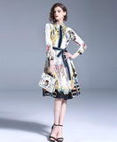 Retro Court Print Lapel Waist Long Dress