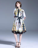 Retro Court Print Lapel Waist Long Dress