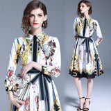 Retro Court Print Lapel Waist Long Dress