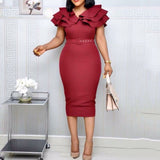 Summer Ruffle Elegant Wine Red Bodycon midi Dress(with belt) S-3XL