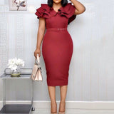 Summer Ruffle Elegant Wine Red Bodycon midi Dress(with belt) S-3XL