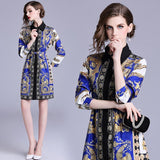 Lapel Long Sleeve Retro Print Loose Dress