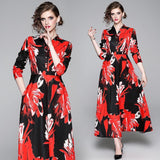 Ink Printed Shirt Collar Slim Maxi Dress