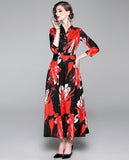 Ink Printed Shirt Collar Slim Maxi Dress