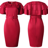 Summer Ruffle Elegant Wine Red Bodycon midi Dress(with belt) S-3XL